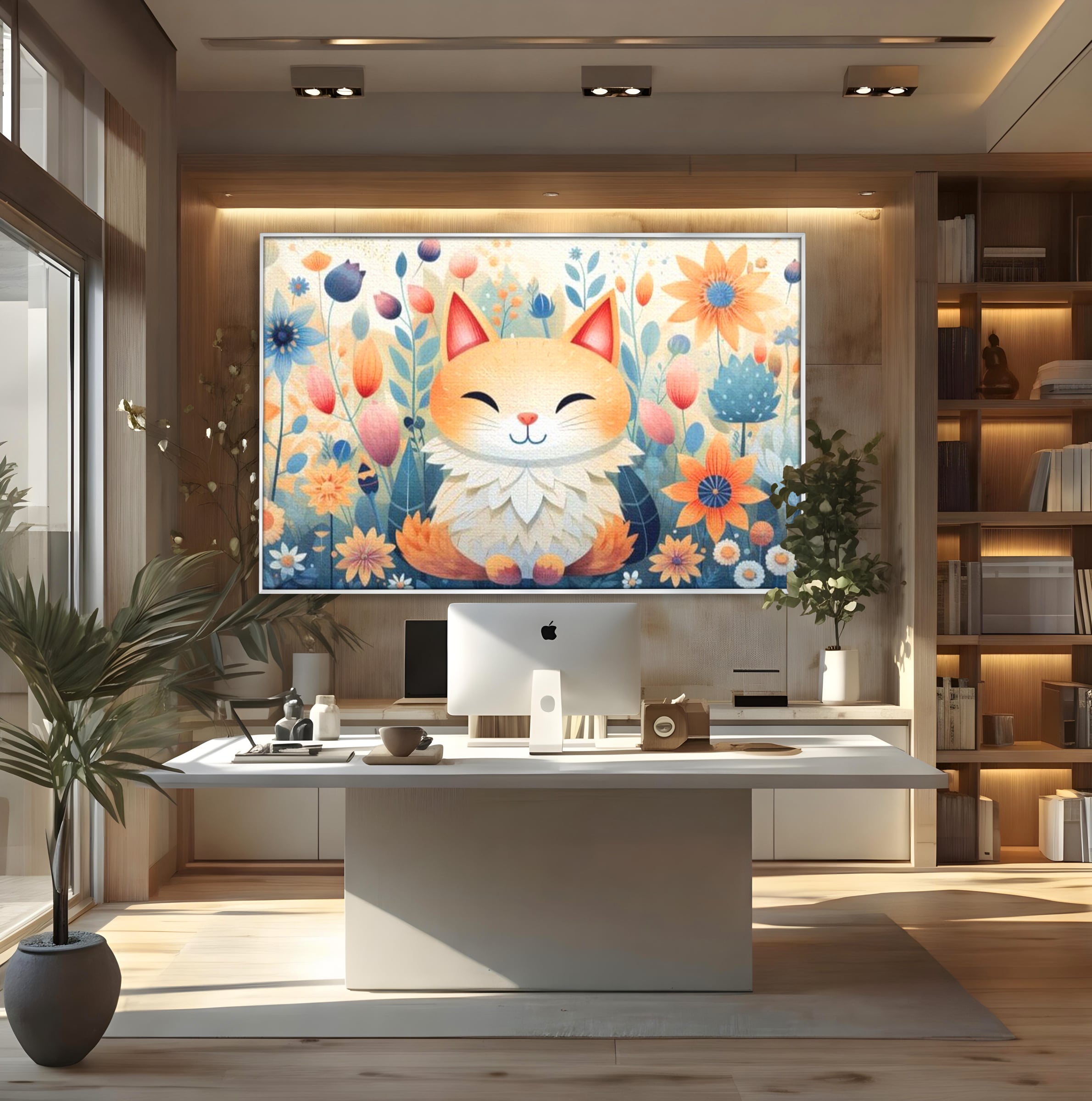 Tablou canvas cu tablou canvas cu pisicuta in gradina cu flori, in rama de aluminiu argintiu, pe perete intr-un birou